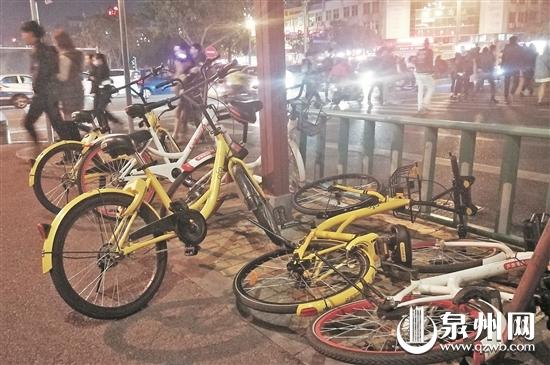 刺桐路南段,人行道上东倒西歪的共享单车